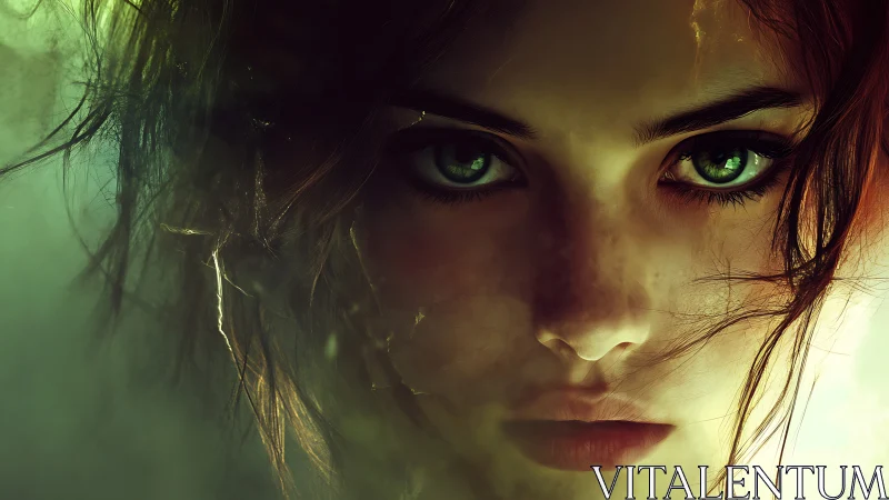 Smoldering emerald gaze in cinematic digital portrait.