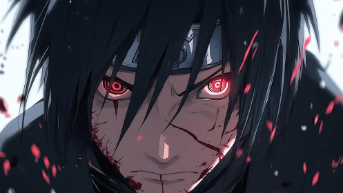 Intense anime close-up with dynamic blood and motion accents.