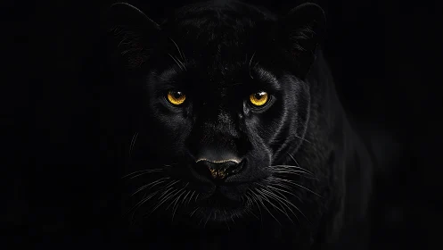 Black Panther Stare with Glowing Amber Eyes Against Dark Background