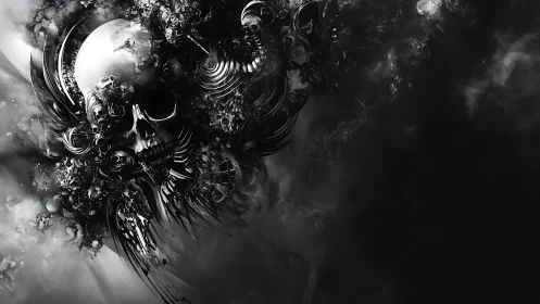 Monochrome skull dissolves into swirling abstract smoke
