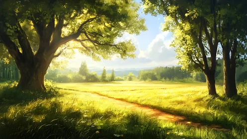 Sunlit tree-lined path through open grassy meadow field.