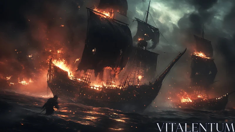 Burning pirate galleons clash amid storm-darkened seas.