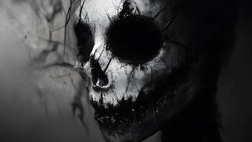 Haunting smoky skull emerges from darkness in stark monochrome.