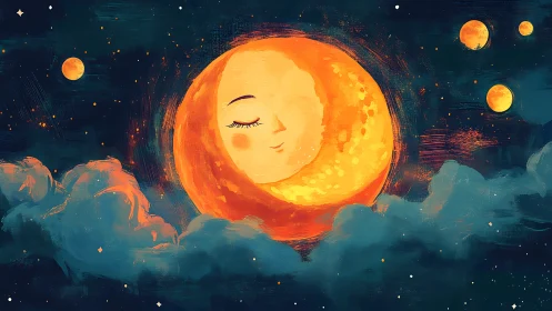 Sleepy ember moon drifting above midnight cotton clouds.