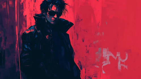 High-contrast cyberpunk figure in angular brushwork and neon red field