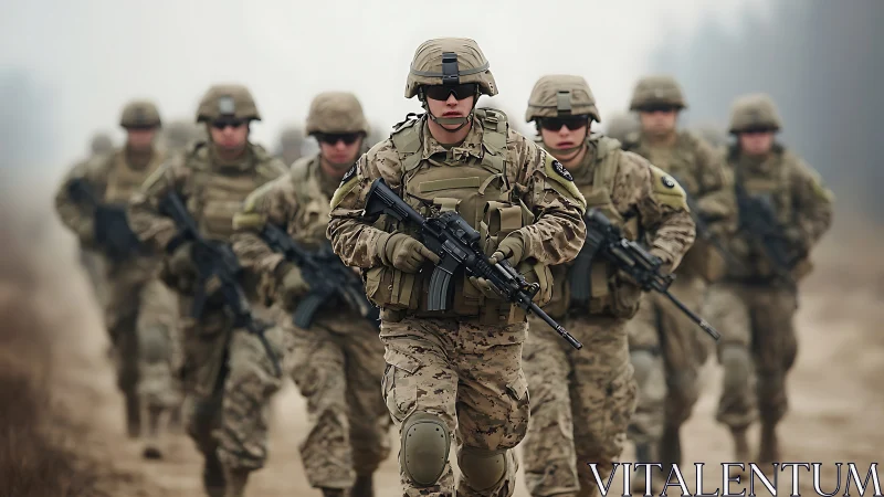 Armed infantry squad advances through fog on tactical exercise