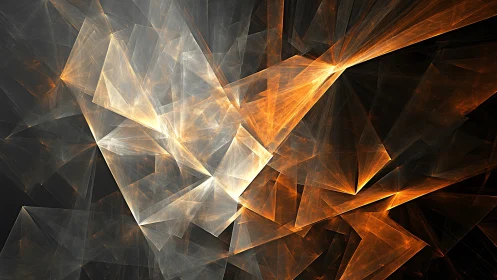 Angular orange fractal planes intersect across dark radial field