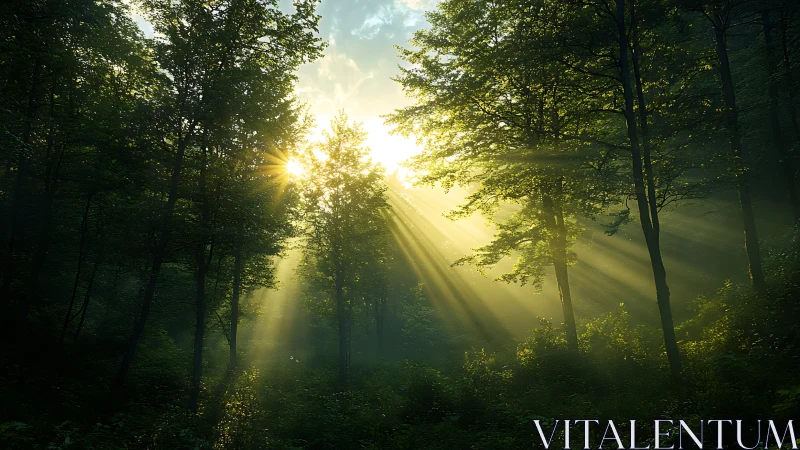 Sunlight Streaming Through Lush Green Forest at Dawn, Nature Photography.