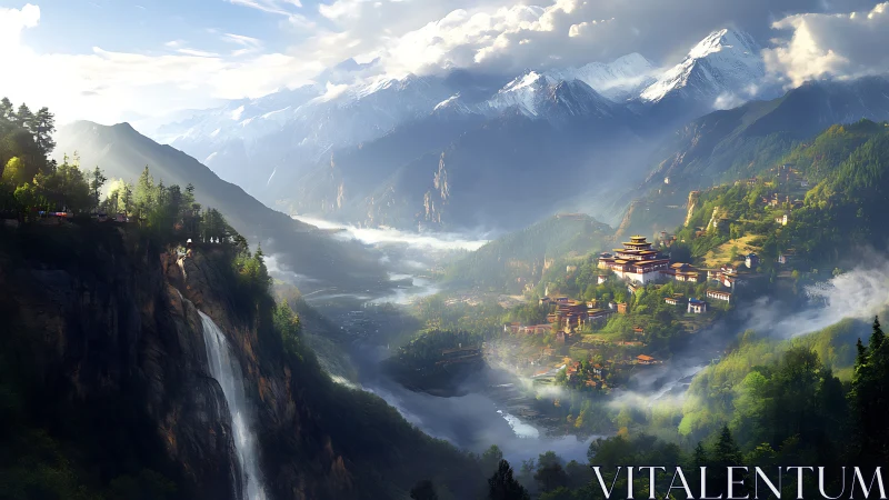 Terraced mountain temples overlook deep valley waterfall under mist