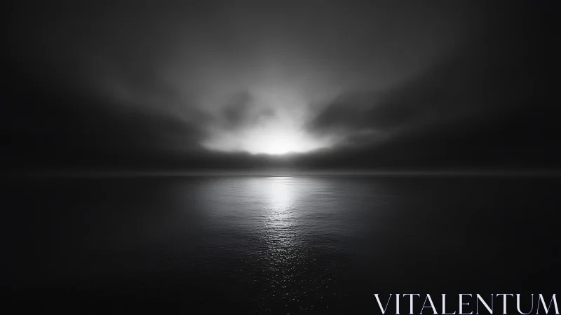 Monochrome seascape with distant horizon light source.