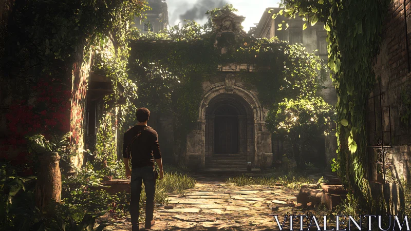 Explorer approaches overgrown courtyard and stone archway.