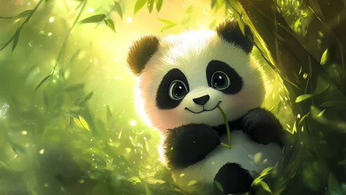 High-key digital painting of baby panda in luminous bamboo grove