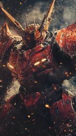 Heavily armored red mech stands in smoke and glowing debris