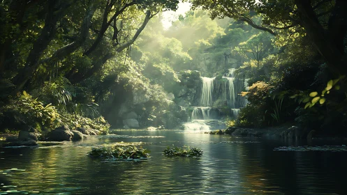Tiered Waterfall in Dense Tropical Forest Setting