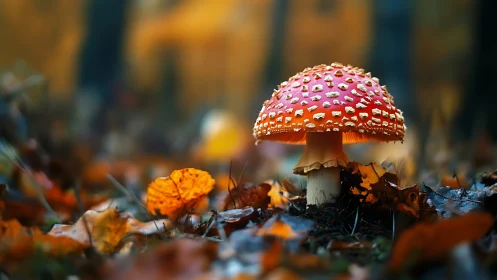 Fly agaric mushroom in vivid autumn forest floor scene.