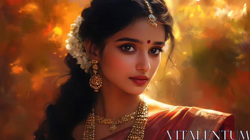South Indian bride portrait glows in golden evening light.