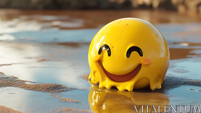 Yellow spherical character rests on wet reflective sand