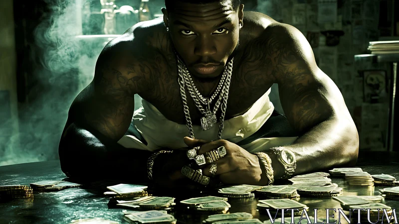 Shirtless man with jewelry leaning over stacks of money.