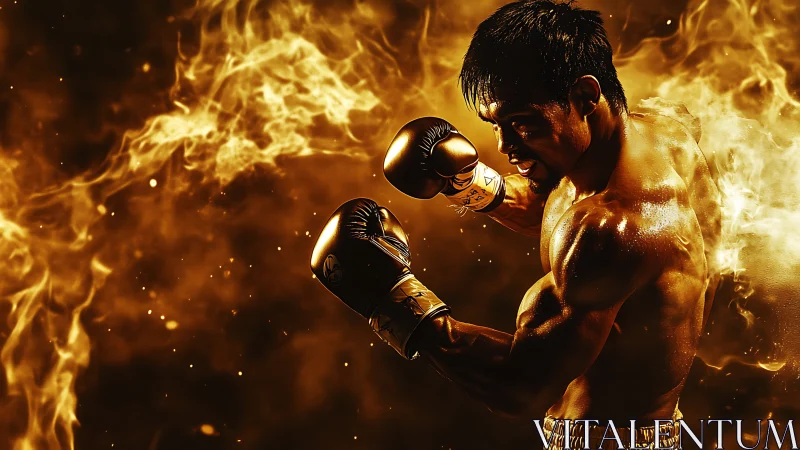 Powerful boxer ready to strike with fiery golden intensity.