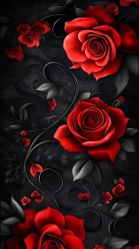 Red roses on dark background with decorative floral elements.