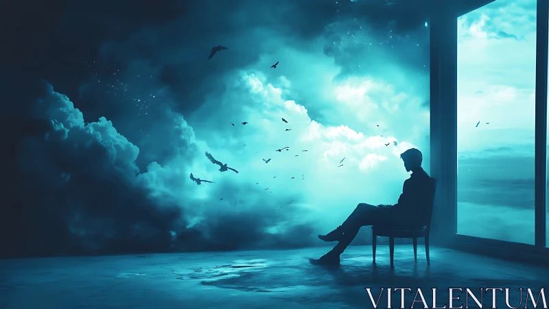 Silhouetted dreamer sits before luminous cloud portal