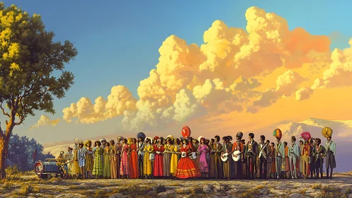 Procession of musicians glows beneath towering sunset clouds