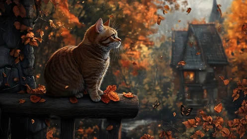 A Tabby Cat Watches Autumn Leaves Dance in a Spooky Landscape