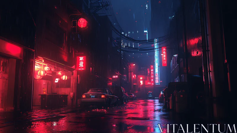 Rain soaked neon alley with cars in dense night city.