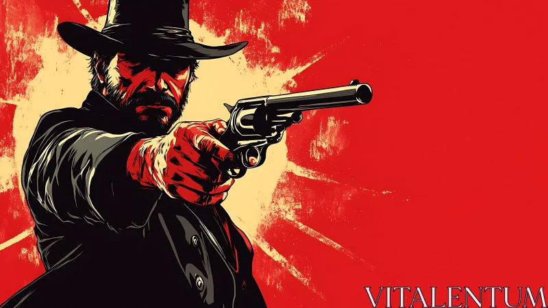 Cowboy figure aims revolver against flat red backdrop
