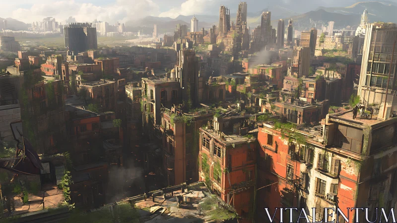 Post-apocalyptic vertical cityscape with overgrown megablocks.