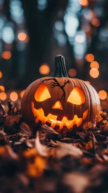 Glowing jack-o’-lantern amid autumn leaves at dusk forest.