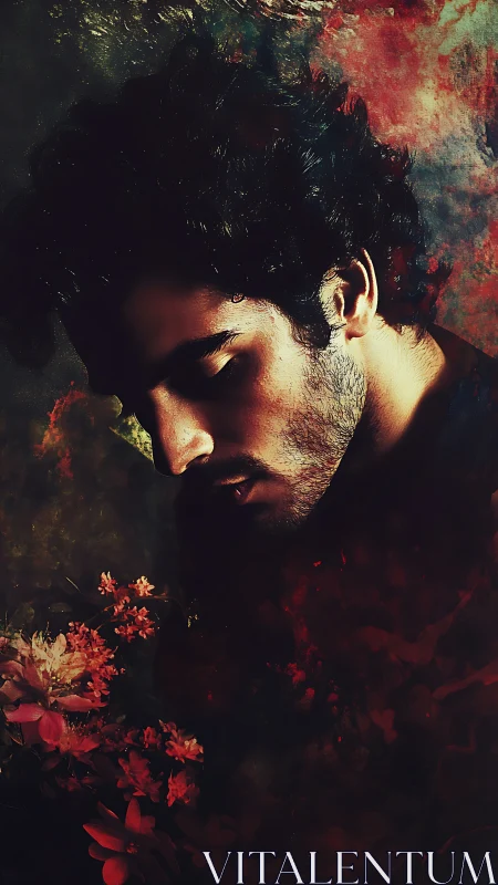 Moody floral portrait with brooding male figure in shadow.