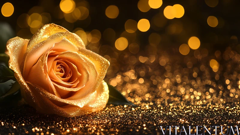 Golden rose glowing softly amid dreamy bokeh lights.