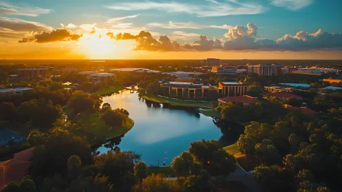 Sunset aerial panorama of modern campus lake and research buildings