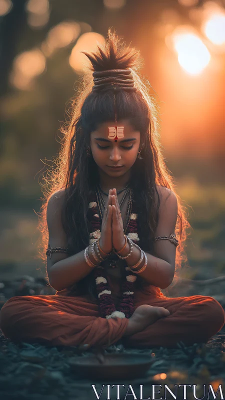 Young meditative devotee sits in golden evening serenity