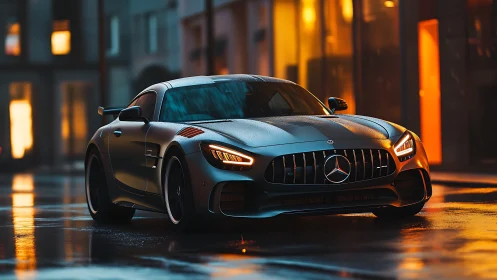 Mercedes sports car glows on a rainy neon city street at dusk