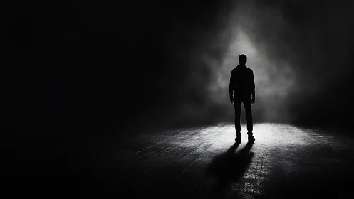 Lone silhouetted man standing in spotlight on dark stage.