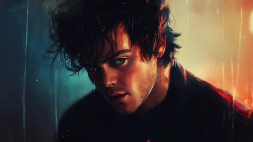 Melancholic male portrait rendered in cinematic digital chiaroscuro