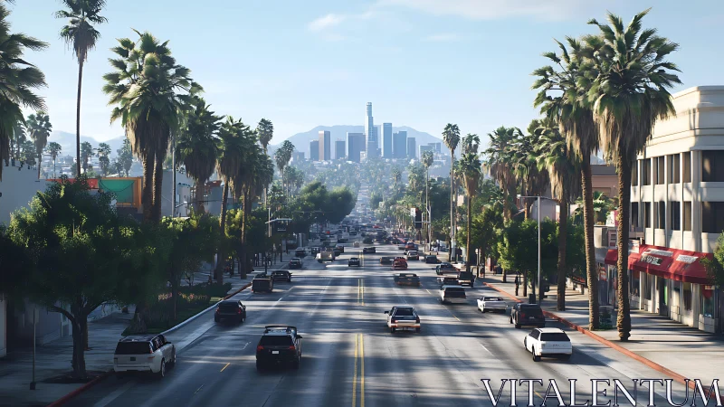 Palm-lined urban boulevard leads toward distant city skyline