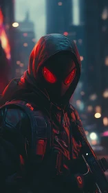 Urban nocturnal operative with red-lensed tactical mask.