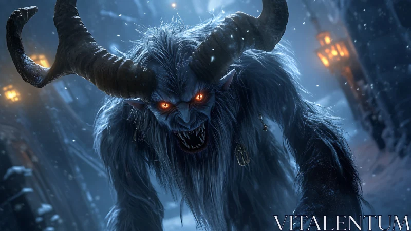 Horned frost demon lunging through blizzard-lit medieval alley