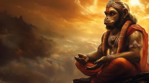 Serene humanoid monkey figure meditating above clouds.