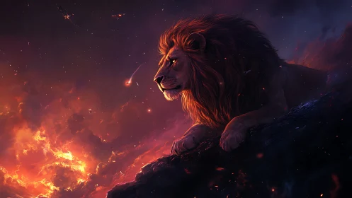 Luminous lion profile rendered against nebular firestorm sky