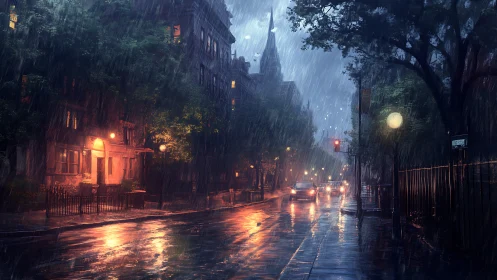 Rain-slicked city street hums softly under cinematic twilight