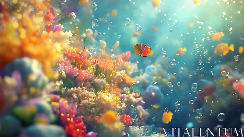 Clownfish amid luminous coral reef microbubbles, shallow depth