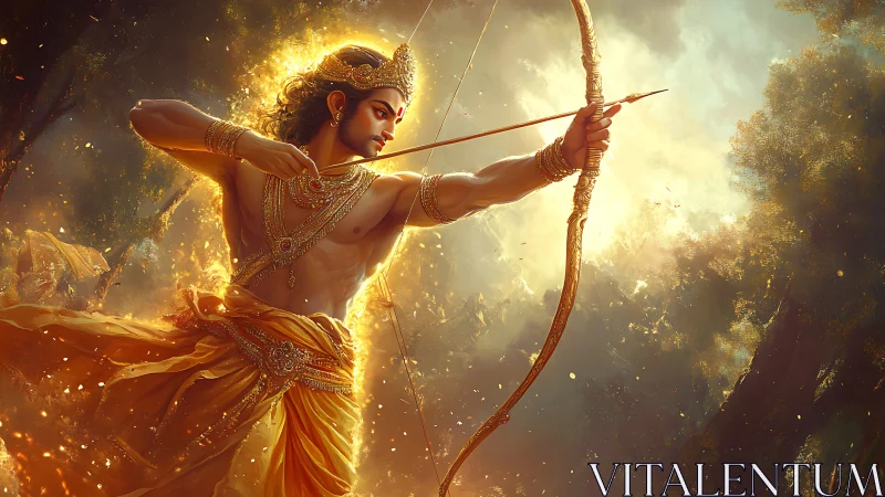 Divine archer poised in golden mythic forest light.