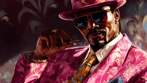 Digital portrait of man in patterned pink suit and hat.