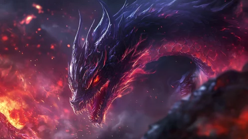 Fiery twilight dragon coiled in swirling cosmic embers.