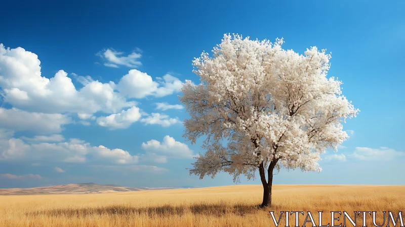 Solitary white-blossomed tree in golden field, bright blue sky landscape.