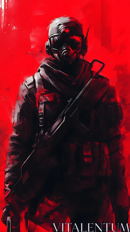 Tactical operator in gas mask rendered with high contrast red field